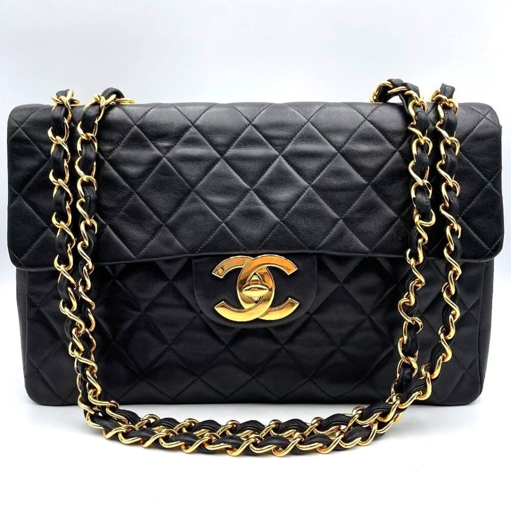 Authentic CHANEL Jumbo Maxi XL 24K Gold Flap Bag Lambskin Chain Shoulder Black